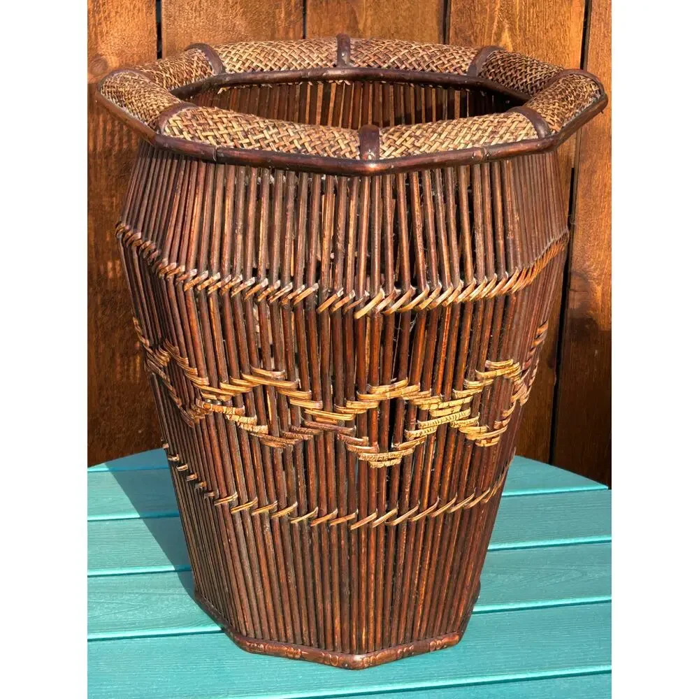 Vintage MCM Bamboo Rattan Umbrella Stand Boho Wicker Floor Basket Vase Planter